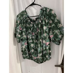 Lane Bryant Green Floral Button Up Balloon Waist Top Sz 14/16 Cropped Boho